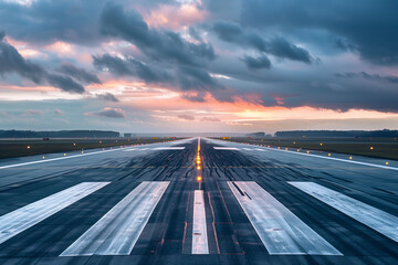 An empty airport runway with directional marking