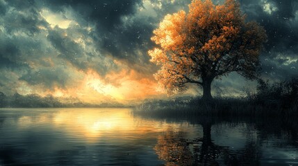 Wall Mural - Golden Tree by the Lake at Sunset.