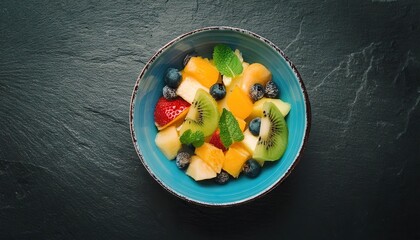 Canvas Print - Fruit salad in a blue bowl on black slate background. Top view