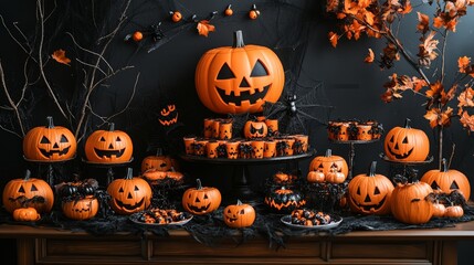 Festive Halloween Party Table with Pumpkin and Treats