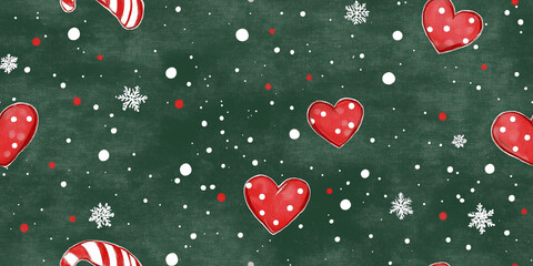 Wall Mural - Candy cane hearts with red polka dots and white snowflakes on a festive green backdrop, seamless pattern