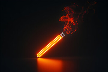 Neon outline of burning cigarette with smoke isolated on black background.