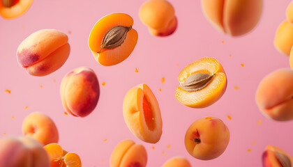 Wall Mural - Cut and whole fresh ripe apricots falling on pink background