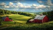 © Катя О - Lush green valley with red barns under a dynamic sky in rural countryside