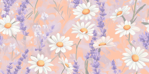 Poster - Dainty daisies and new shoots in peach, lavender, and white, seamless pattern