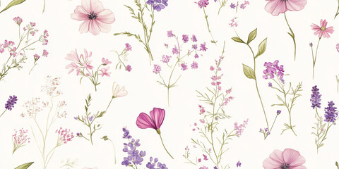 Poster - Delicate wildflowers and herbs sketched in soft pinks and purples, scattered on a light cream surface, seamless pattern