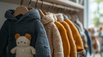 Knitted sweaters hanging on hangers.