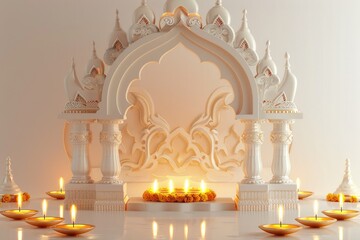 3D arch design of an Indian architecture, around the arch lights, candles, diya-oil lamp illuminated the white background makes golden colors effect