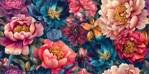 Opulent peonies, dahlias, and tulips in a sumptuous mix of colors, with fine gold accents, seamless pattern