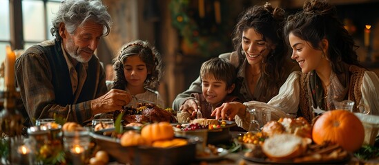 A family gathers around a table, joyfully sharing a Thanksgiving meal filled.