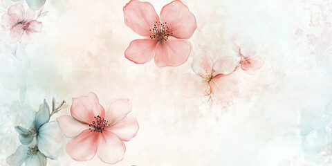 Poster - Softly blended pastel flowers with delicate, bleeding edges on a watercolor background, seamless pattern