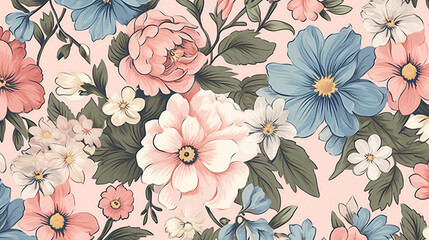 vintage retro cute pastel pink, blue, green and orange floral pattern,seamless wallpaper, patterns, background, backdrop, wallpaper