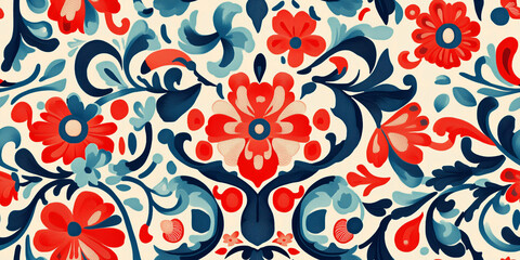 Traditional Scandinavian rosemaling in bright reds and blues, with intricate swirls and floral elements, seamless pattern