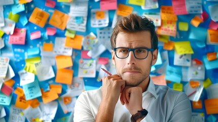 Poster - Man Thinking in Front of Sticky Notes.