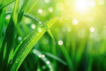 Wall Mural - a green field with a bright sun shining on it. the grass is wet and the sun is reflecting off the wa