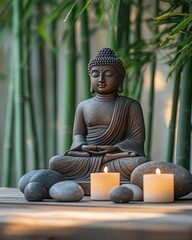 A zen spa setting featuring a small Buddha statue