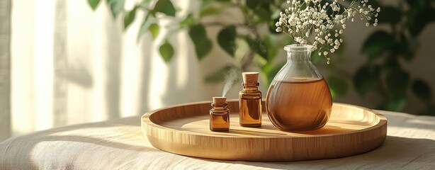 Wall Mural - A closeup of aromatherapy oils and a diffuser on a wooden tray with a background of soft linen