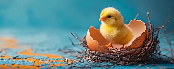 Newborn Chick in Eggshell Nest.