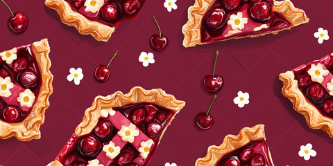 Wall Mural - Cherry pie slices with golden crust and glossy cherry filling, surrounded by small white flowers, seamless pattern