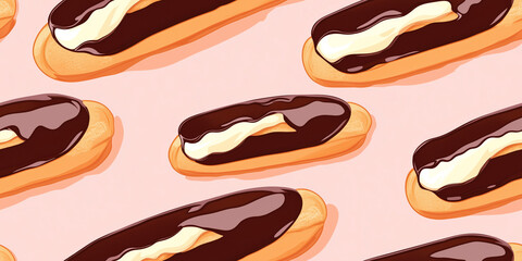 Wall Mural - Chocolate eclairs with glossy glaze and custard filling against a soft pastel background, seamless pattern