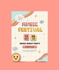 Wall Mural - groovy 90s vintage trendy music festival poster, comic smiley, funky vector