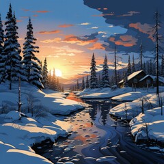 Wall Mural - Scenic Pixel Art Landscape of Lapland's Snowy Wilderness in Finland