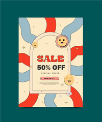 Wall Mural - groovy 90s retro vintage sale template, comic smiley, funky vector