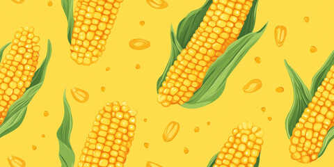 Wall Mural - Corn cobs with husks on a yellow background, showcasing their golden kernels, seamless pattern