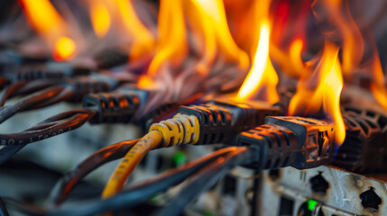 Wall Mural - close-up of the power cables being connected and starting to ignite. burning and melting cables.