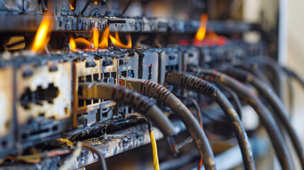 Wall Mural - close-up of the power cables being connected and starting to ignite. burning and melting cables.