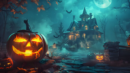 Beautiful colorful background for Halloween with pumpkins, cobwebs. AI Generated