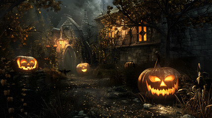 Beautiful colorful background for Halloween with pumpkins, cobwebs. AI Generated