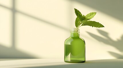 Vibrant Green Glass Bottle of Peppermint Essential Oil in Minimalist Still Life Photography