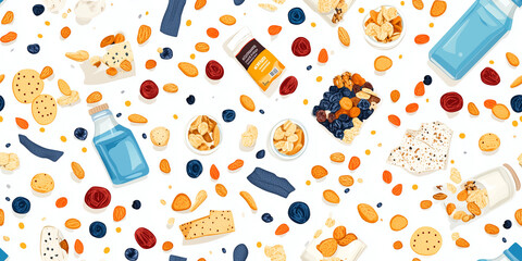 Wall Mural - Granola clusters, trail mix, and dried fruit interspersed with snack bags, water bottles, and napkins, seamless pattern