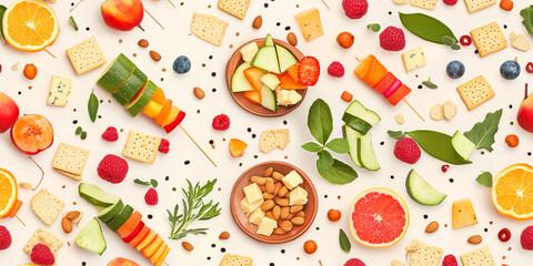 Wall Mural - Fruit skewers, veggie sticks, and hummus bowls alongside crackers, cheese cubes, and nuts, seamless pattern