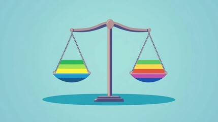 Canvas Print - Balanced scales of justice with vibrant rainbow colors representing the concept of diversity in a flat design