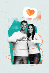 Wall Mural - Vertical photo collage of two happy girl guy love show live gesture sympathy feelings relationships heart isolated on painted background