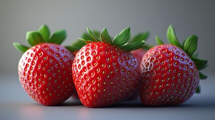 Poster - Three red strawberries are displayed on a table