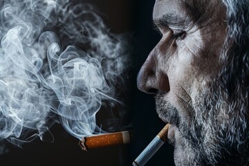 Man with smoke swirling around caught in the act of smoking a realistic depiction of a common vice