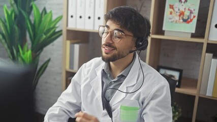 Canvas Print - A young adult man in a white coat working indoors at a clinic, wearing glasses and using a headset while sitting.