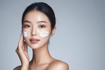 beautiful young asian woman with flawless skin applying skincare cosmetics on her face