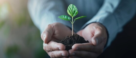 A close-up of hands gently holding a small green plant, symbolizing growth, nurturing, and environmental care.