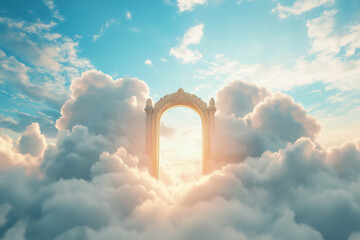 Wall Mural - Ethereal golden gate towering above fluffy white clouds, creating a surreal and majestic scene