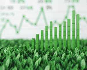 A vibrant growth chart represented by green bars, symbolizing financial success among lush green leaves.