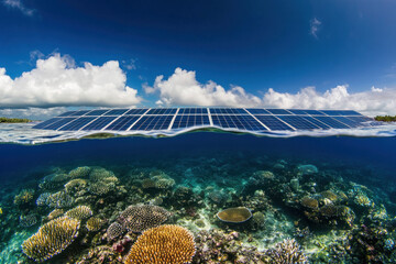 Captivating Coral Reef Underwater, sustainable energy solutions, green technology, environmental harmony, renewable resources, ecological balance, climate action, nature and innovation, clean energy f