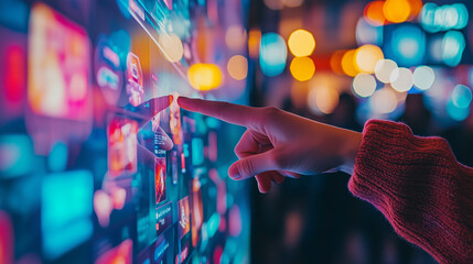 Wall Mural - close-up of hands pointing at interactive touchscreen tv