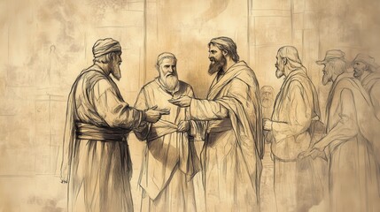 Wall Mural - Biblical Illustration of Boaz Marries Ruth: Boaz Meeting Nearer Kinsman-Redeemer at Town Gate, Calling Elders to Witness, Beige Background, Faith, Marriage, Old Testament Story