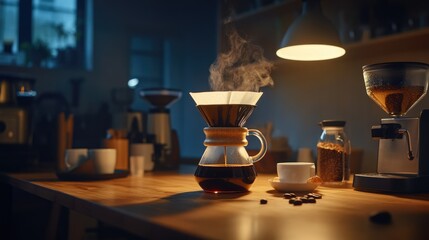 Freshly brewed coffee in a pour-over coffee maker on a wooden table, with a coffee grinder and beans in the background.