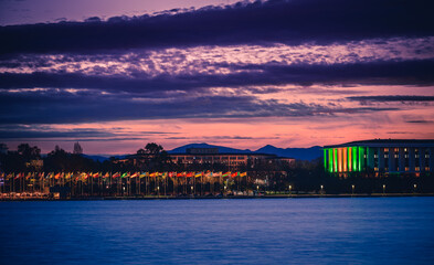 The beautiful sunset reflecting on lake burley griffin, Canberra, in the evening