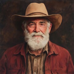 Portrait of an old man with a white beard in a cowboy hat, red jacket, and brown shirt, styled as an oil painting.